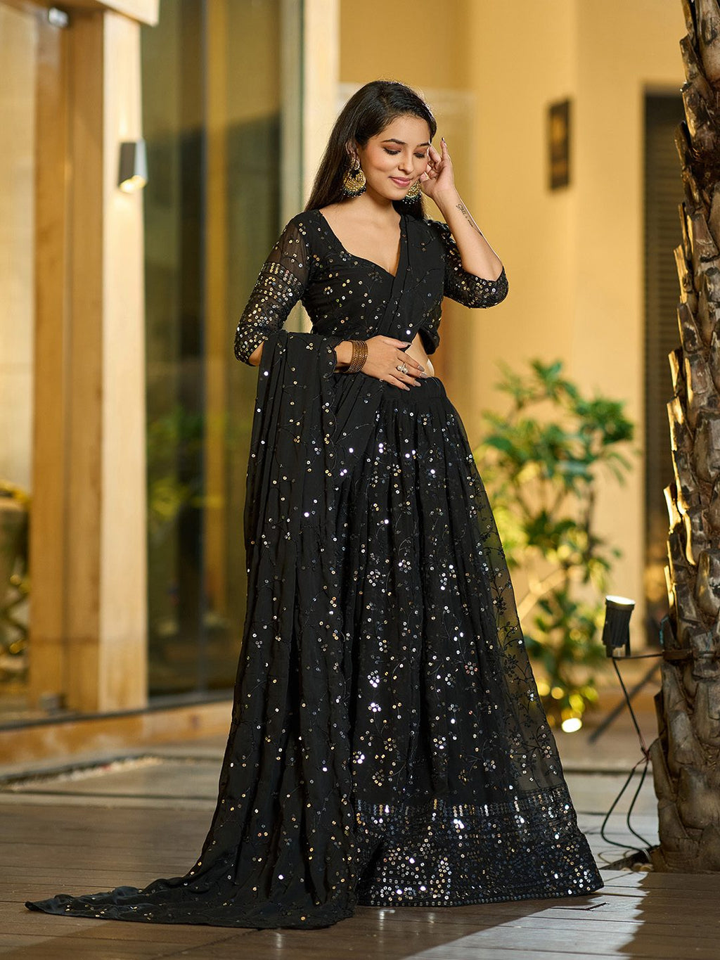 Classic Black Sequin Embellished Festive & Party Wear Semi-Stitched Georgette Lehenga Choli with Heavy Dupatta Work