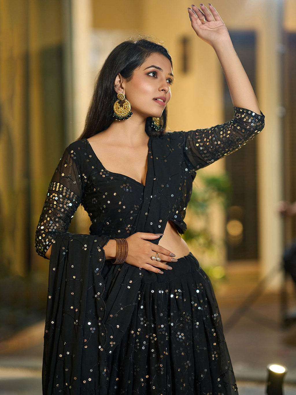 Classic Black Sequin Embellished Festive & Party Wear Semi-Stitched Georgette Lehenga Choli with Heavy Dupatta Work