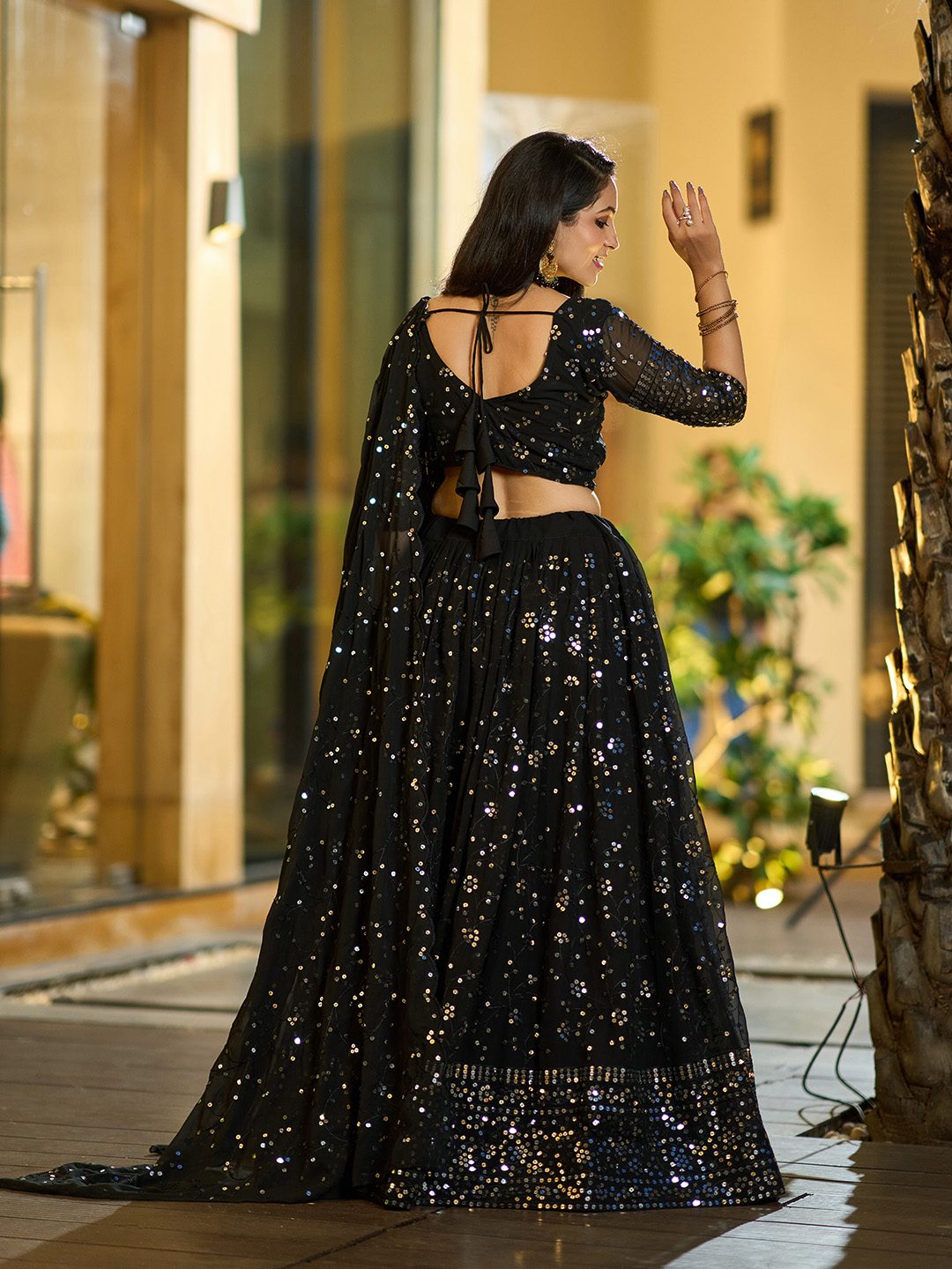 Classic Black Sequin Embellished Festive & Party Wear Semi-Stitched Georgette Lehenga Choli with Heavy Dupatta Work