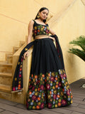 Midnight Black Floral Embroidered Festive & Party Wear Semi-Stitched Georgette Lehenga Choli with Multicolor Thread Work