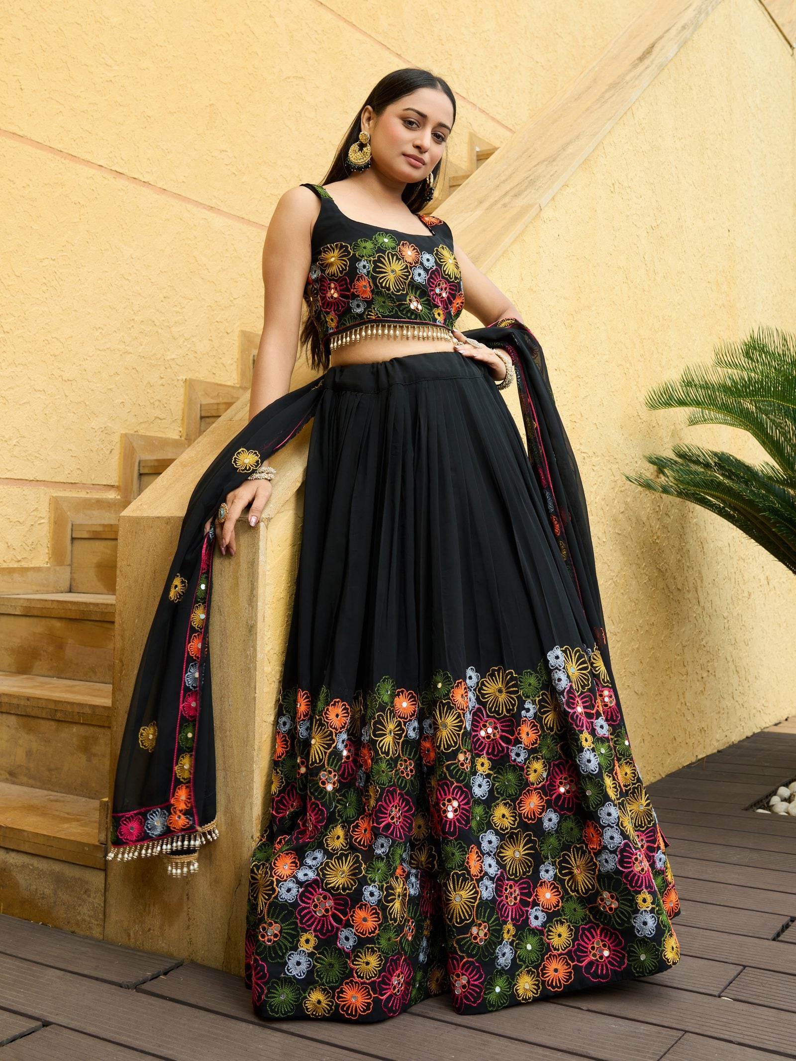 Midnight Black Floral Embroidered Festive & Party Wear Semi-Stitched Georgette Lehenga Choli with Multicolor Thread Work