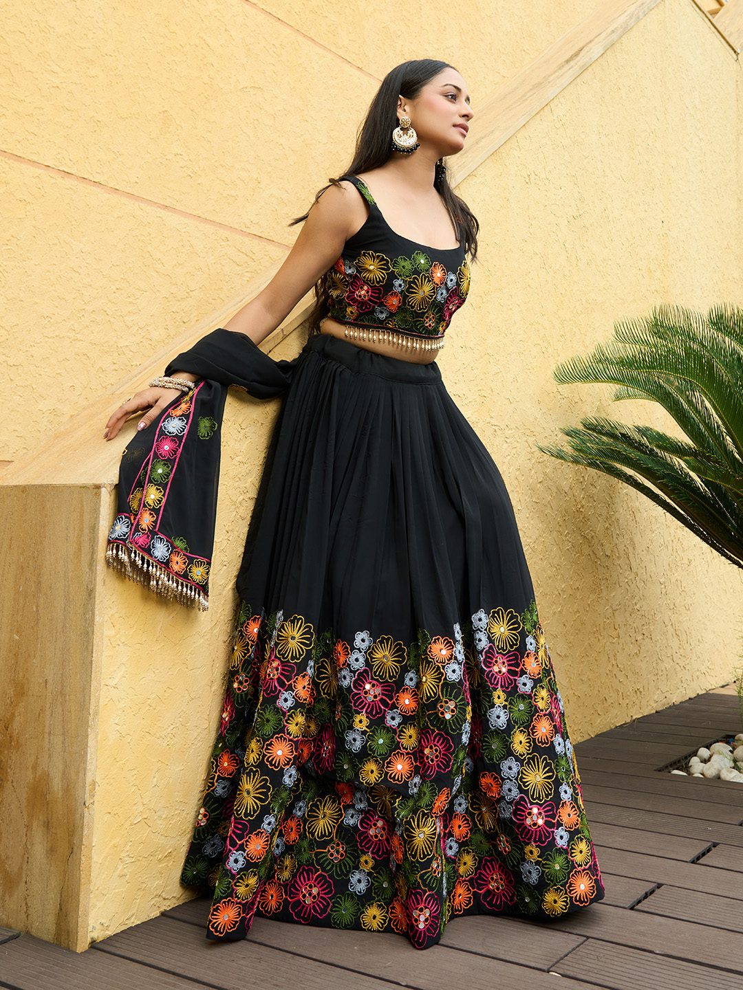 Midnight Black Floral Embroidered Festive & Party Wear Semi-Stitched Georgette Lehenga Choli with Multicolor Thread Work