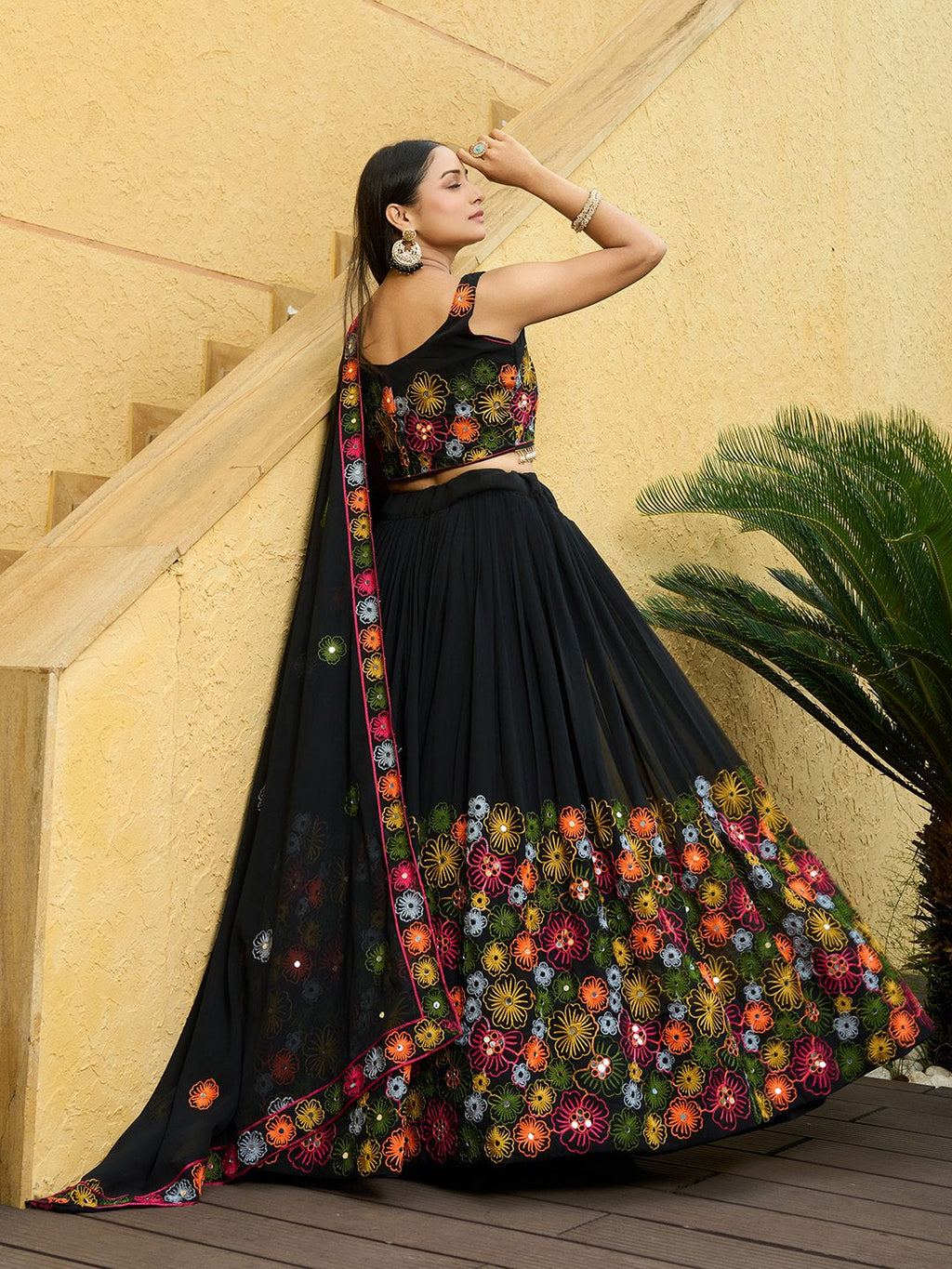 Midnight Black Floral Embroidered Festive & Party Wear Semi-Stitched Georgette Lehenga Choli with Multicolor Thread Work