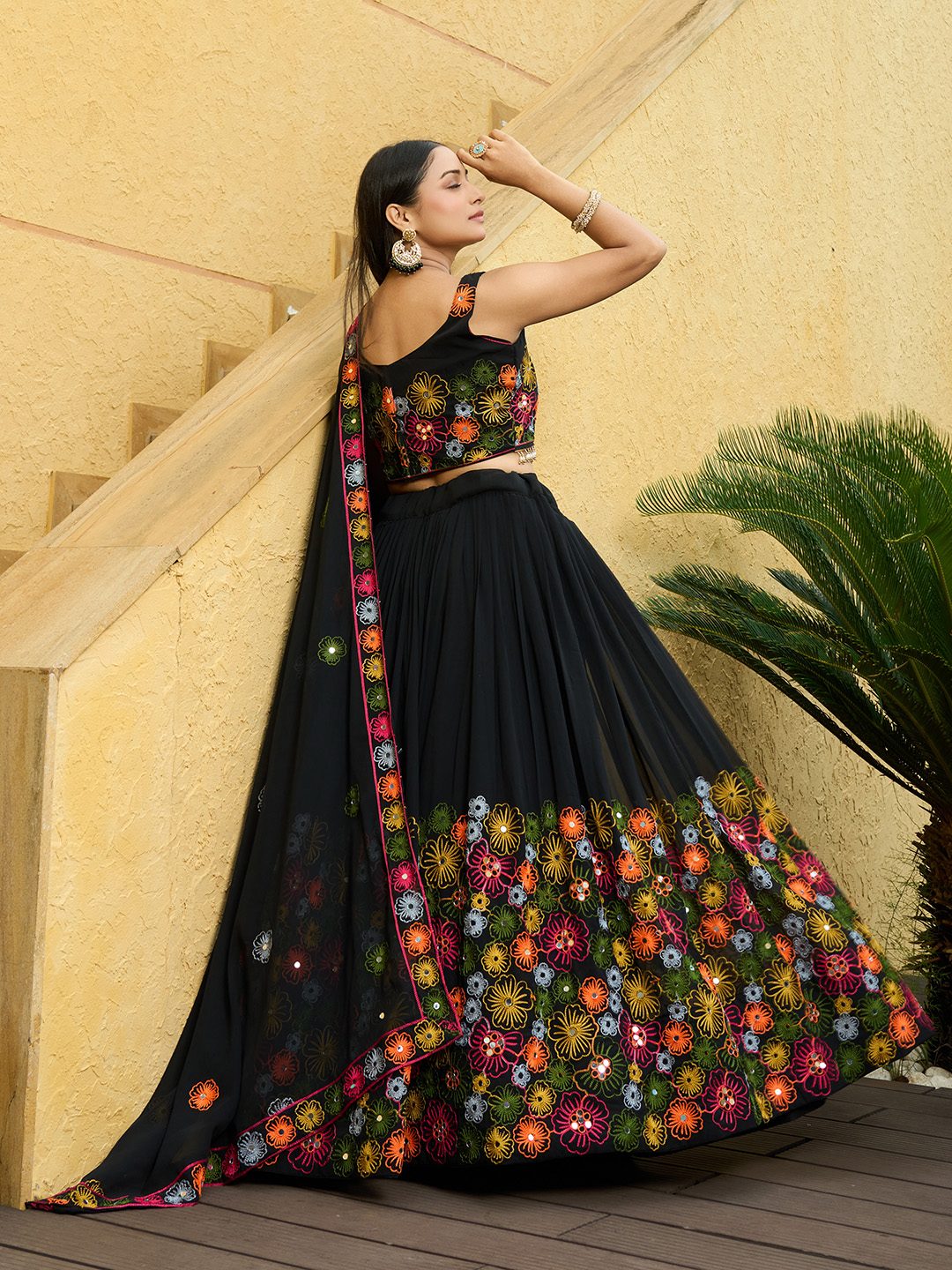 Midnight Black Floral Embroidered Festive & Party Wear Semi-Stitched Georgette Lehenga Choli with Multicolor Thread Work