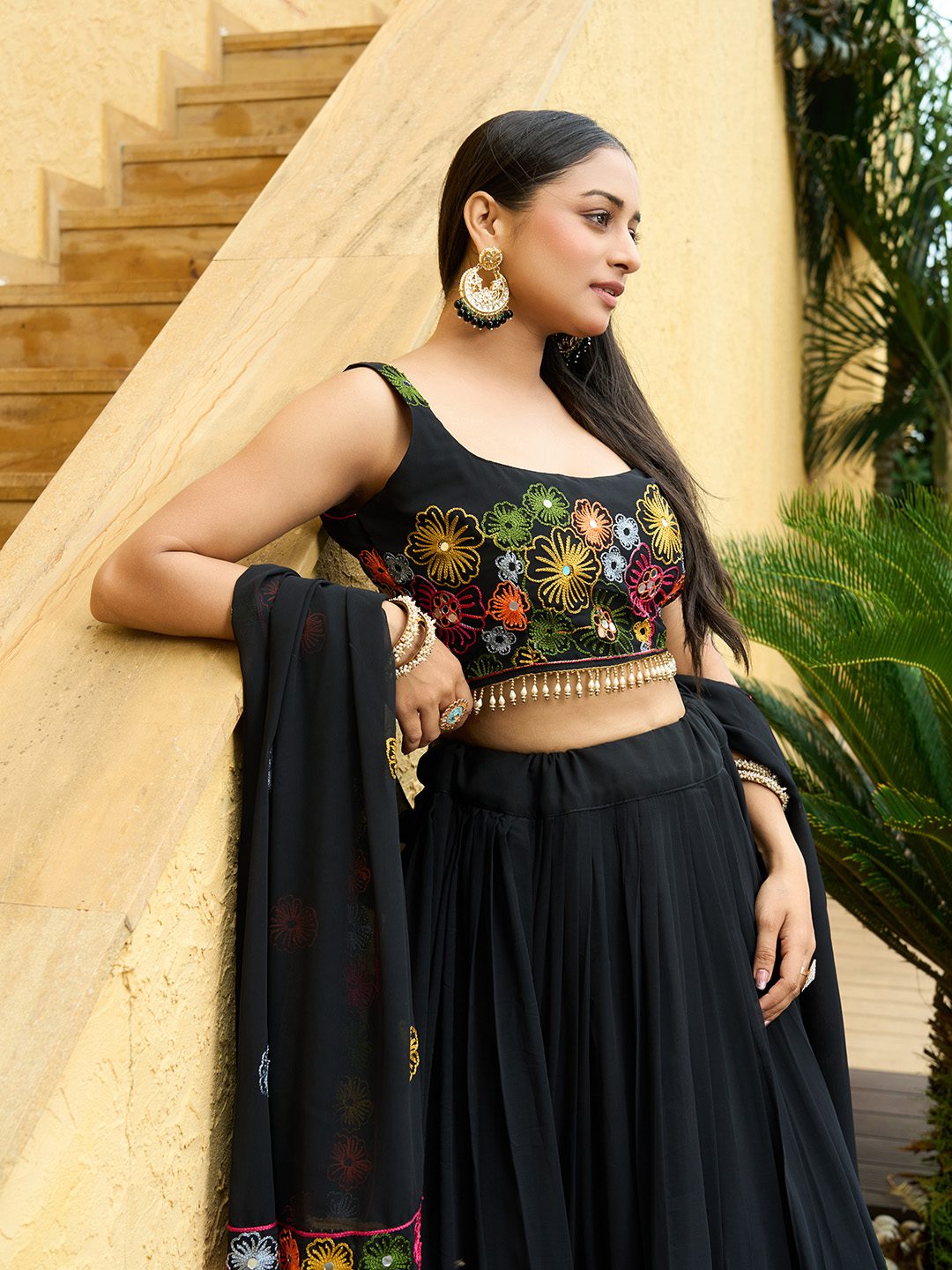 Midnight Black Floral Embroidered Festive & Party Wear Semi-Stitched Georgette Lehenga Choli with Multicolor Thread Work