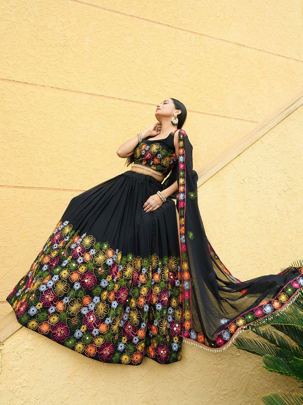 Midnight Black Floral Embroidered Festive & Party Wear Semi-Stitched Georgette Lehenga Choli with Multicolor Thread Work