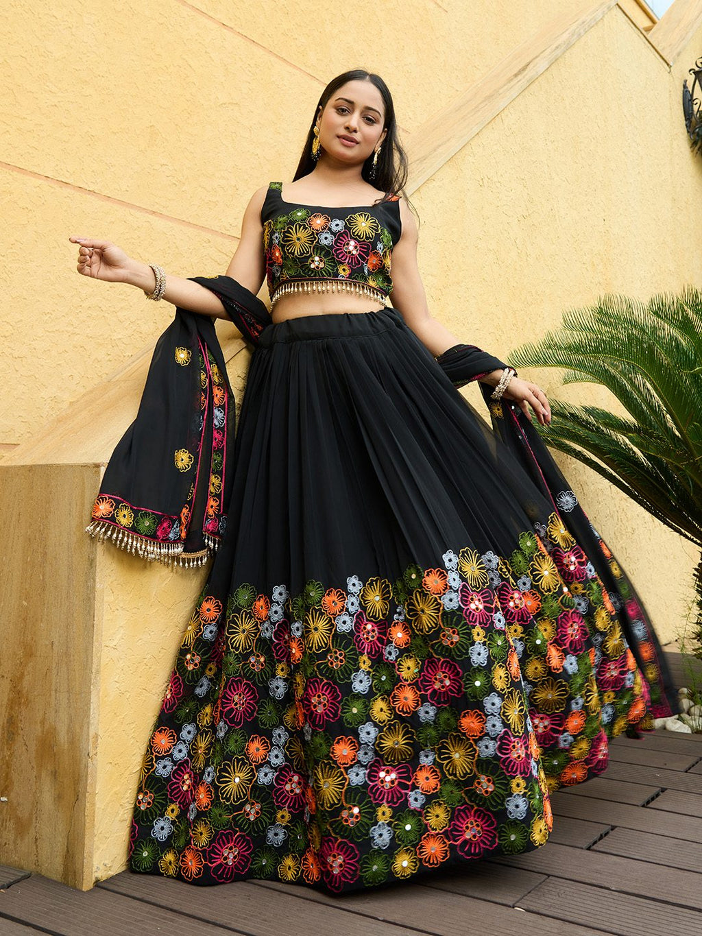 Midnight Black Floral Embroidered Festive & Party Wear Semi-Stitched Georgette Lehenga Choli with Multicolor Thread Work