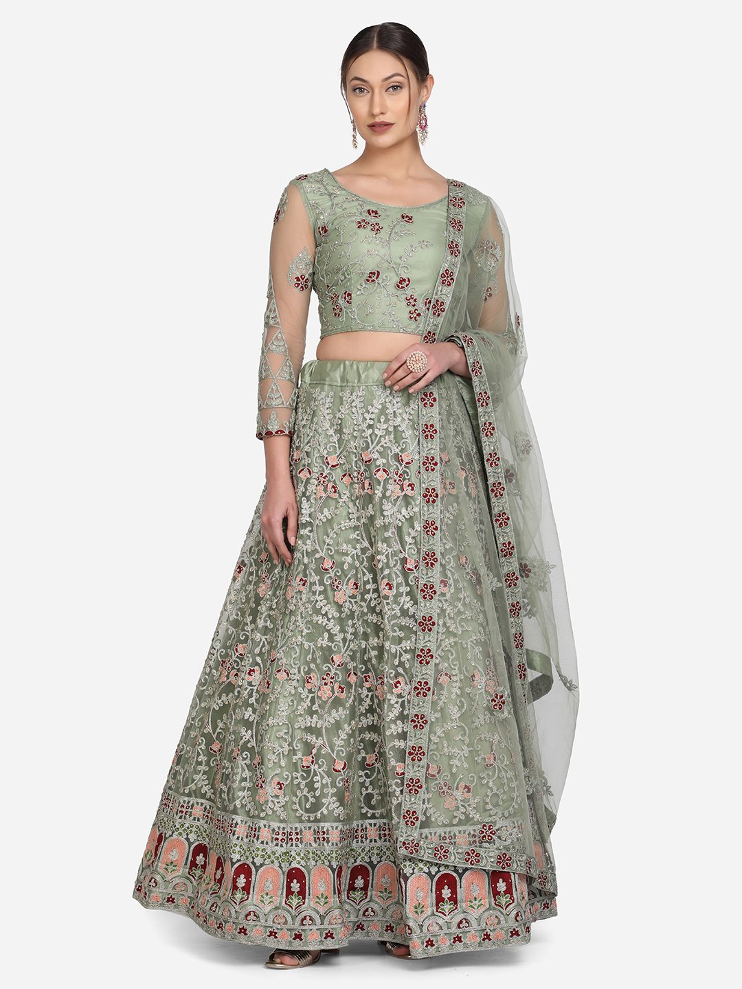 Pastel Sage Green Thread Embroidered Festive & Wedding Wear Semi-Stitched Net Lehenga Choli with Heavy Dupatta Work