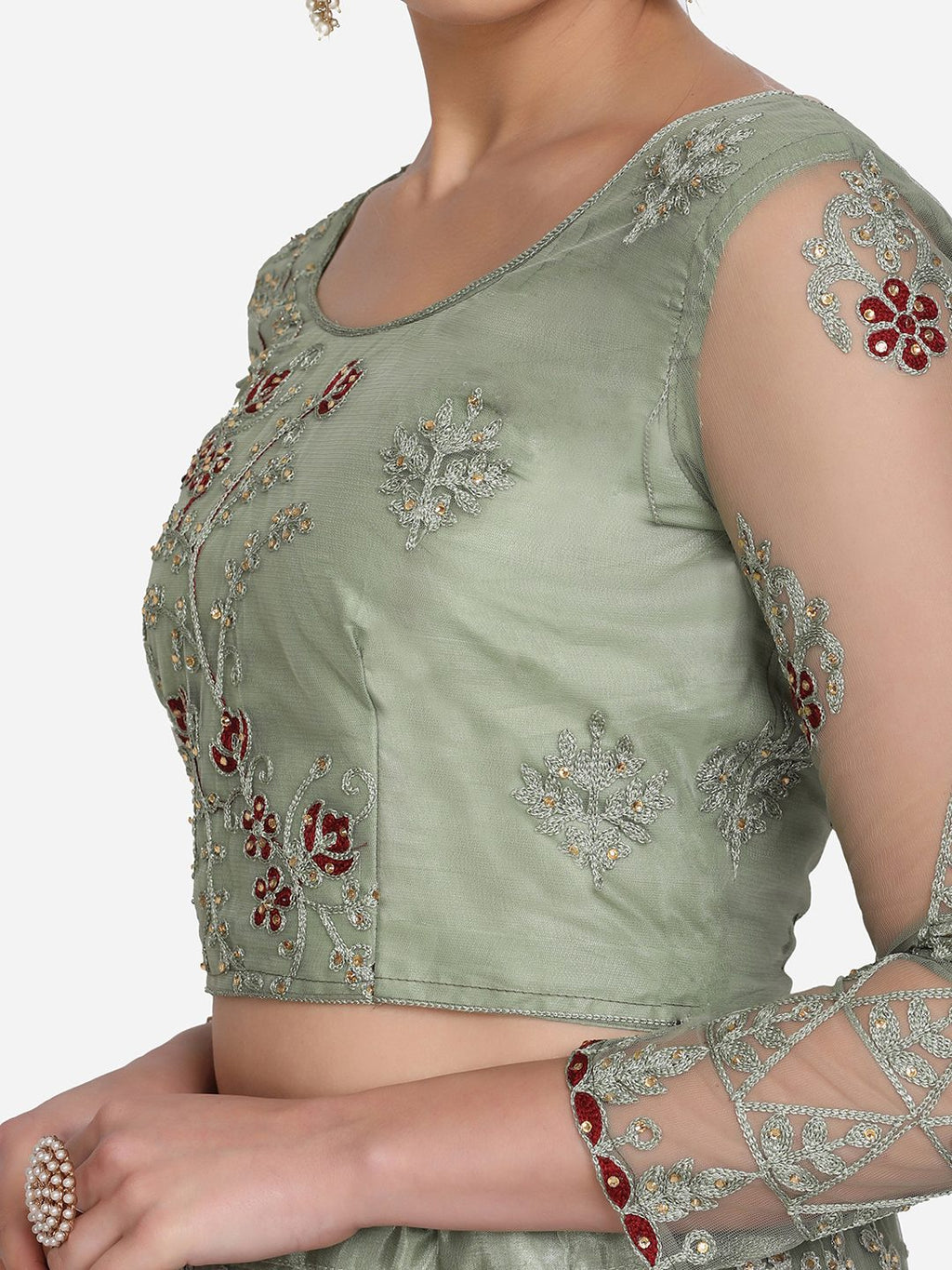Pastel Sage Green Thread Embroidered Festive & Wedding Wear Semi-Stitched Net Lehenga Choli with Heavy Dupatta Work