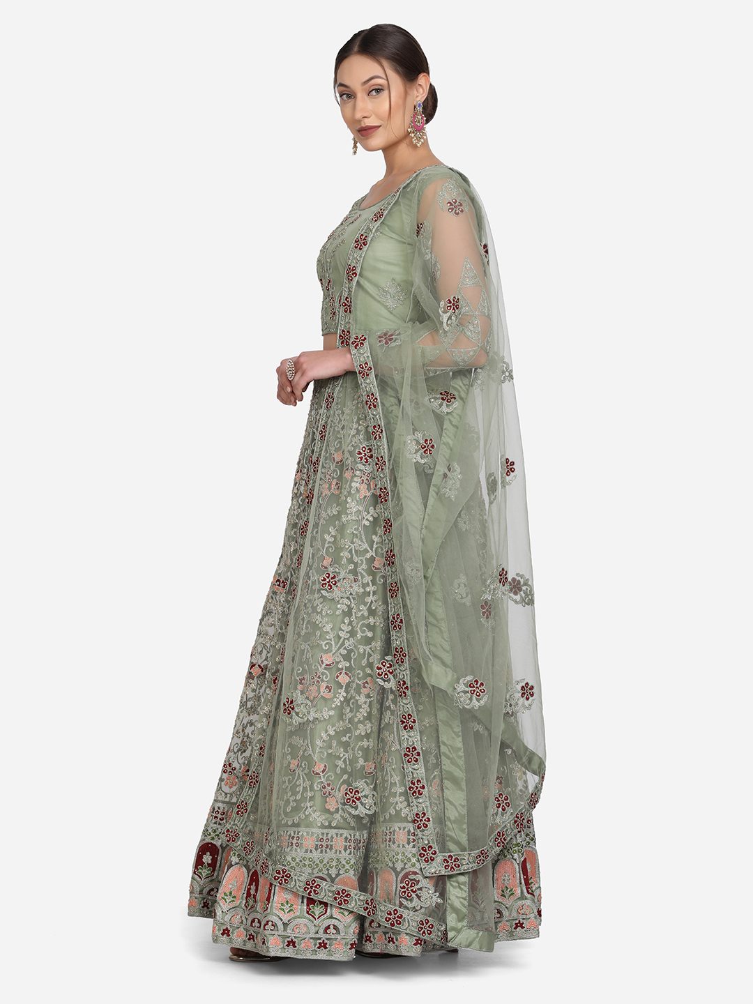 Pastel Sage Green Thread Embroidered Festive & Wedding Wear Semi-Stitched Net Lehenga Choli with Heavy Dupatta Work