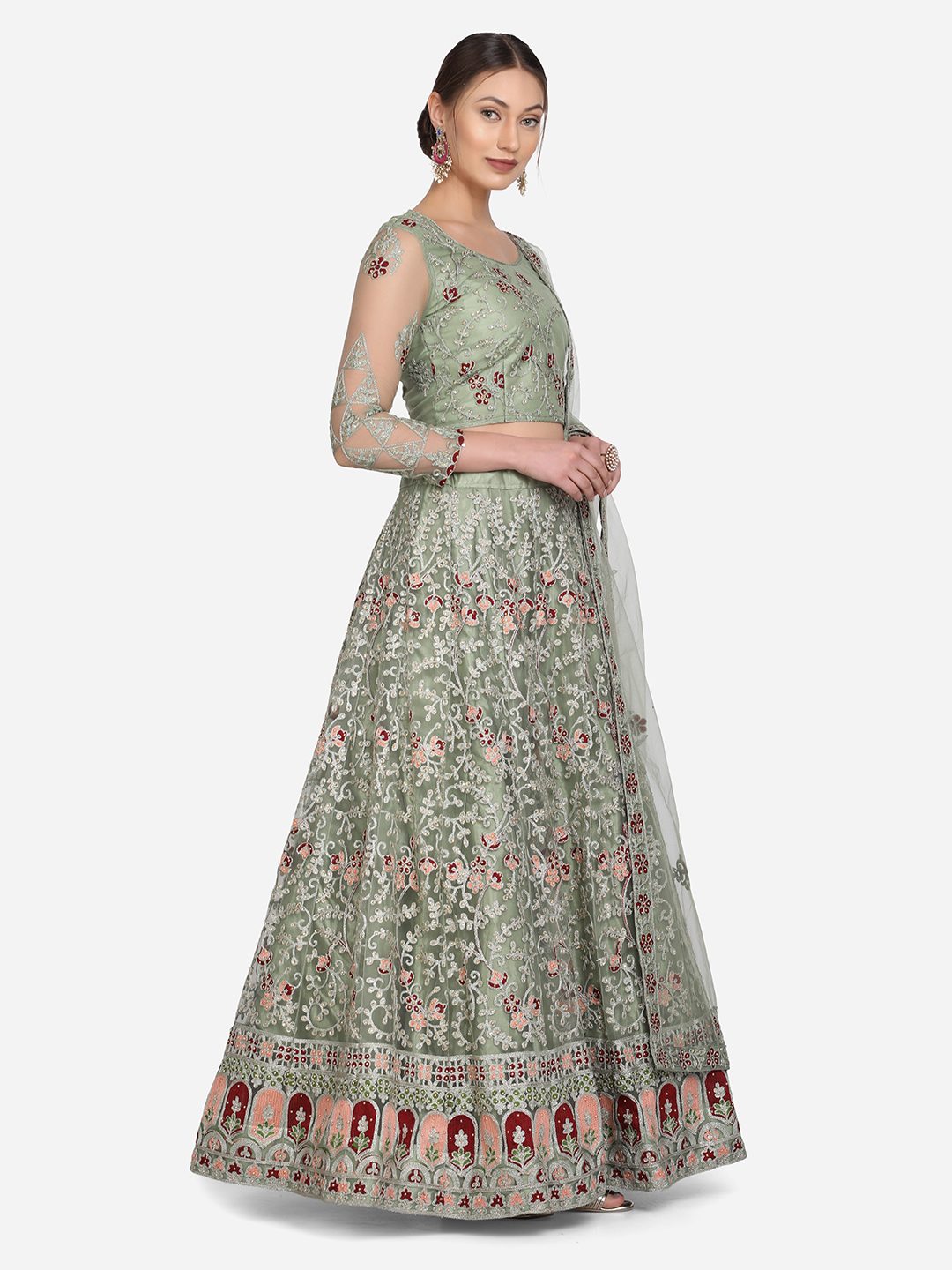 Pastel Sage Green Thread Embroidered Festive & Wedding Wear Semi-Stitched Net Lehenga Choli with Heavy Dupatta Work