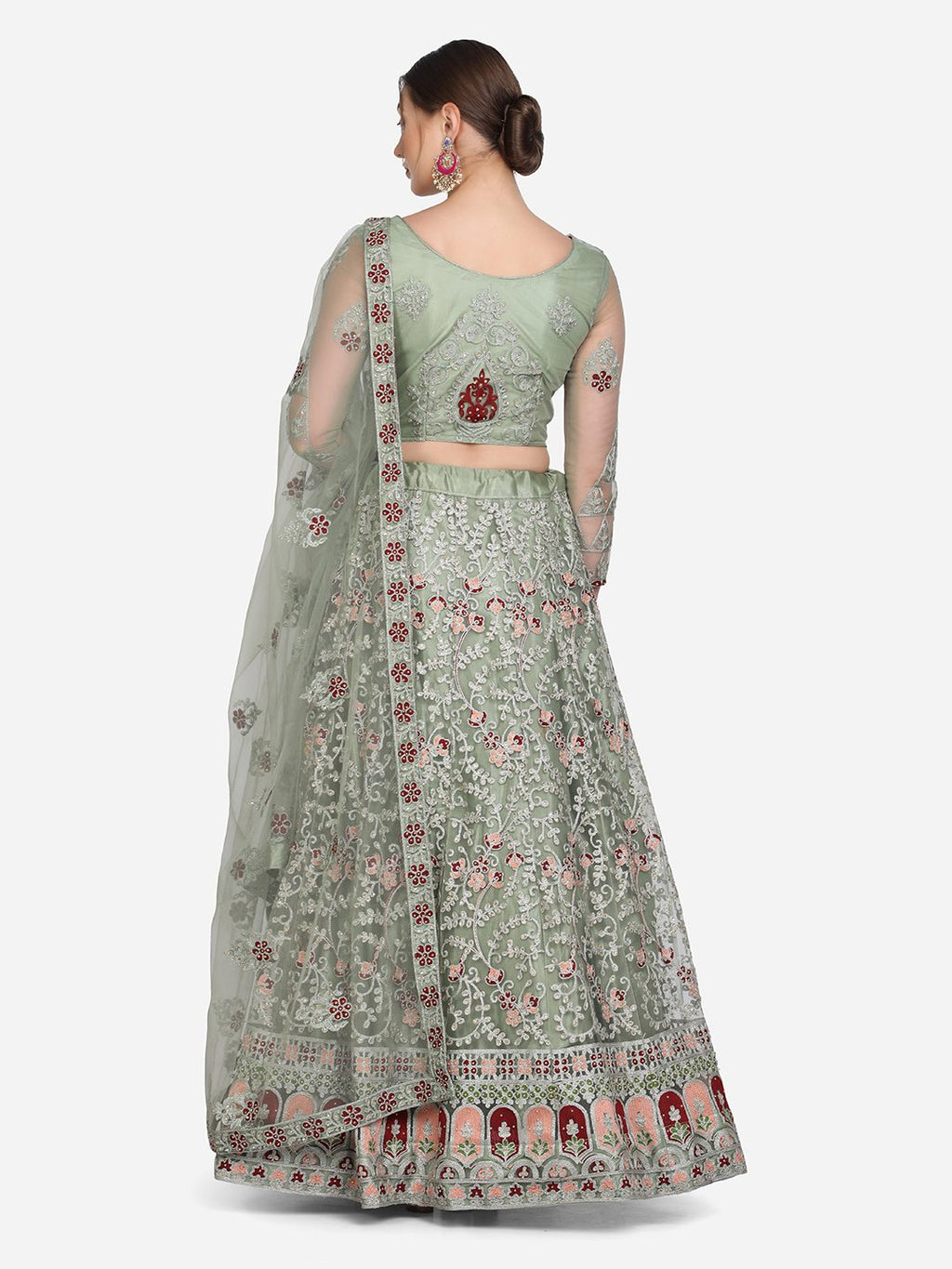Pastel Sage Green Thread Embroidered Festive & Wedding Wear Semi-Stitched Net Lehenga Choli with Heavy Dupatta Work