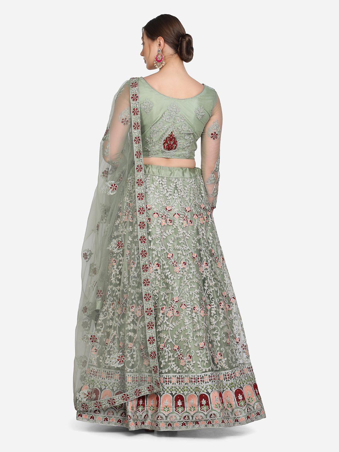 Pastel Sage Green Thread Embroidered Festive & Wedding Wear Semi-Stitched Net Lehenga Choli with Heavy Dupatta Work