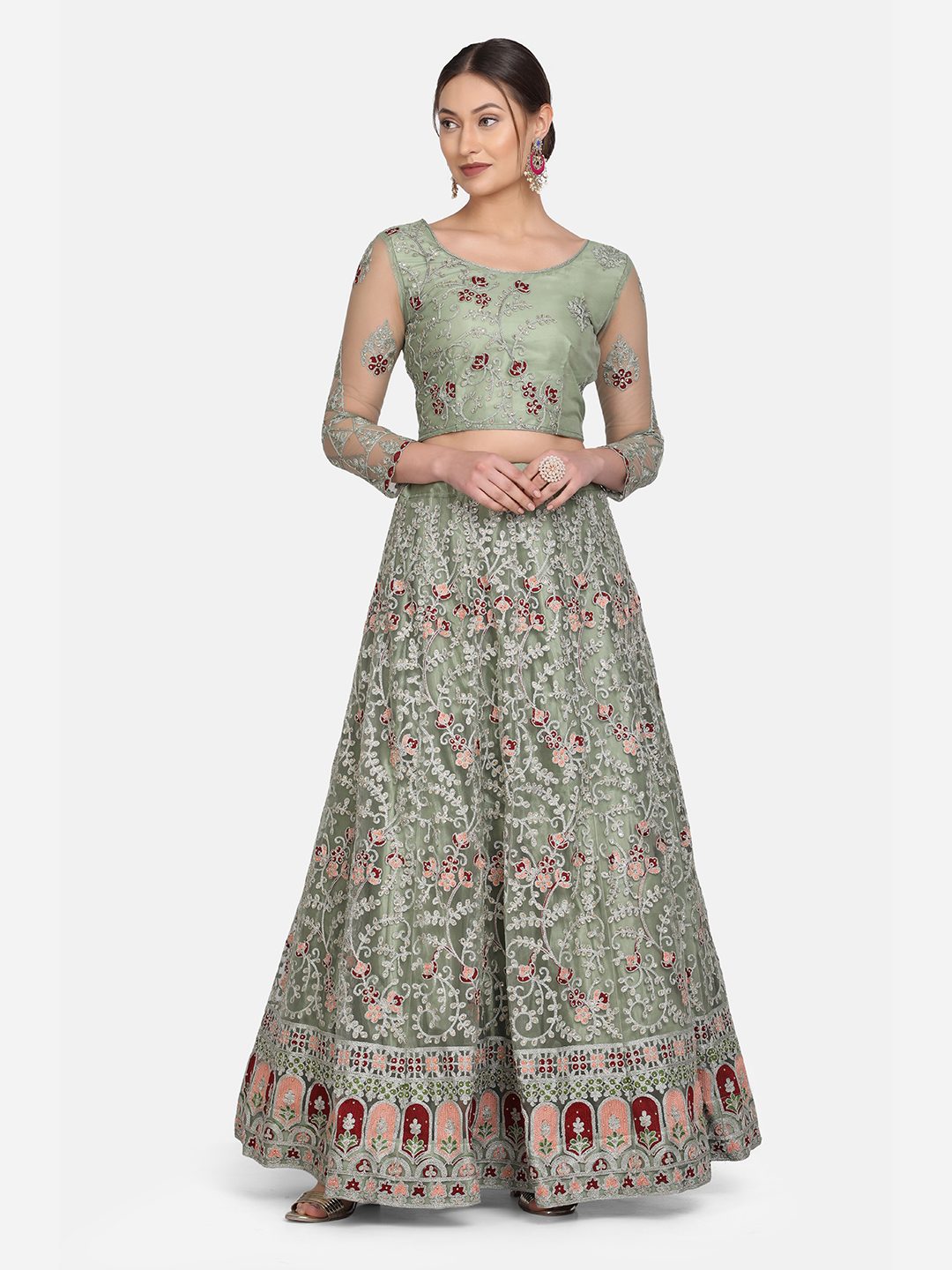 Pastel Sage Green Thread Embroidered Festive & Wedding Wear Semi-Stitched Net Lehenga Choli with Heavy Dupatta Work