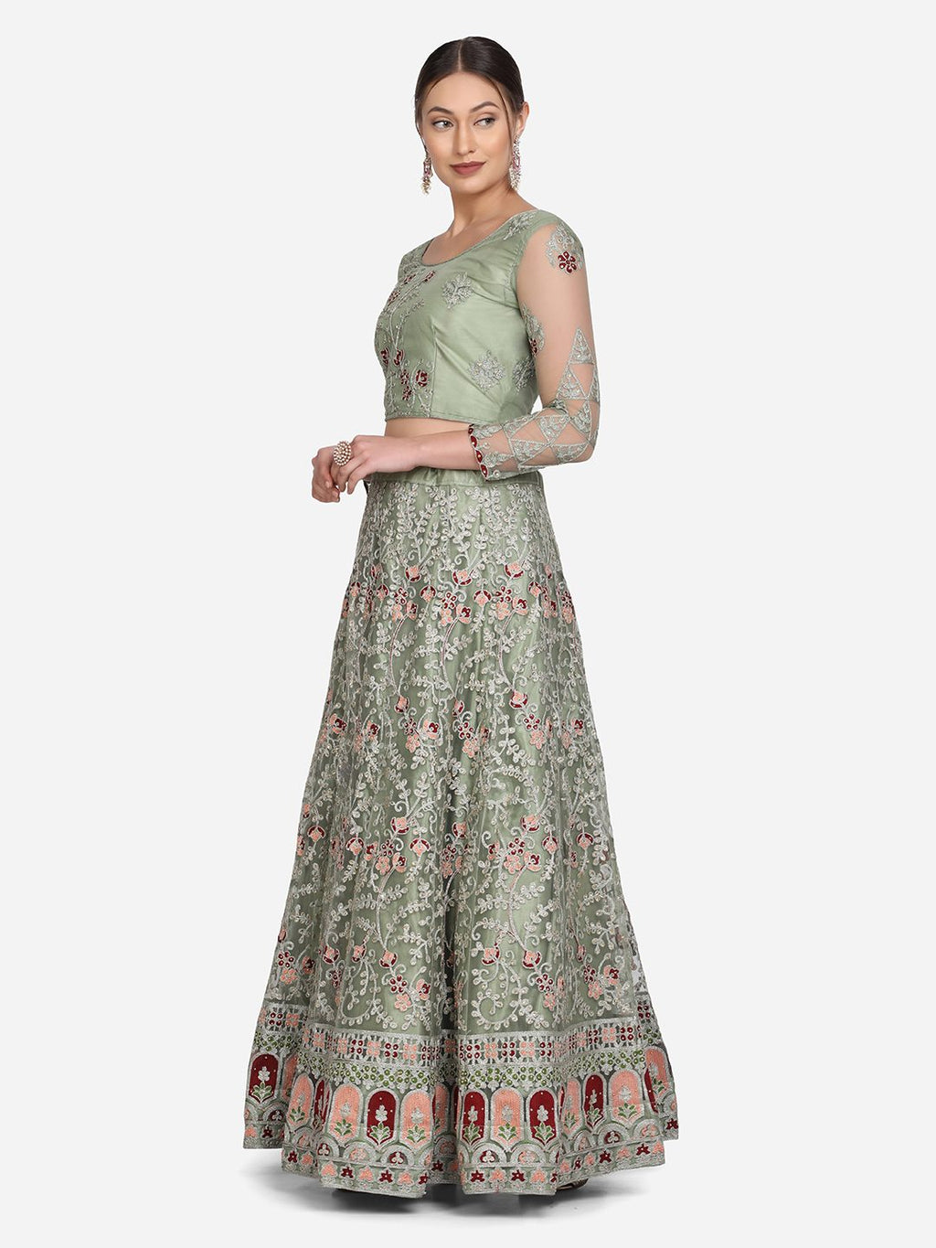 Pastel Sage Green Thread Embroidered Festive & Wedding Wear Semi-Stitched Net Lehenga Choli with Heavy Dupatta Work