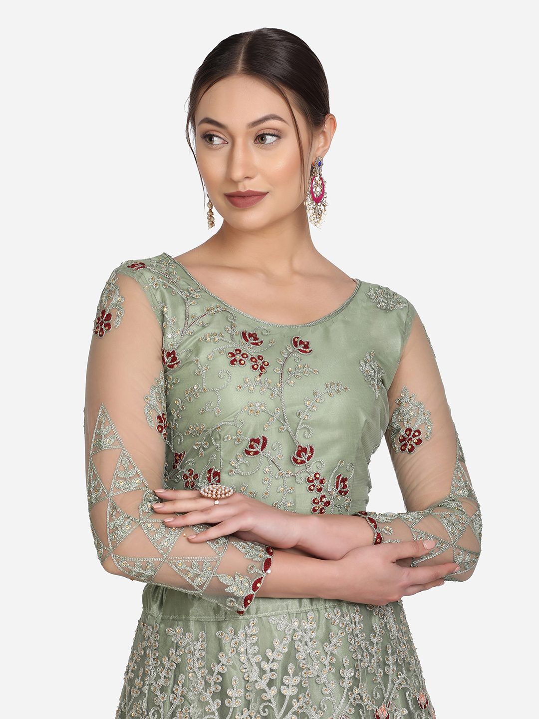Pastel Sage Green Thread Embroidered Festive & Wedding Wear Semi-Stitched Net Lehenga Choli with Heavy Dupatta Work