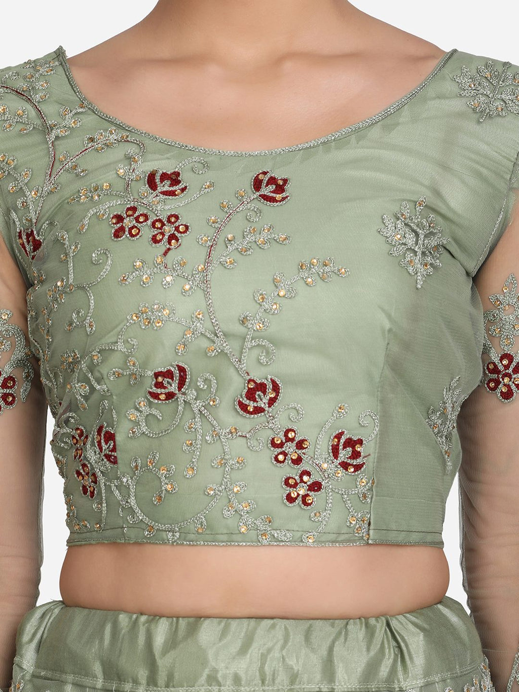 Pastel Sage Green Thread Embroidered Festive & Wedding Wear Semi-Stitched Net Lehenga Choli with Heavy Dupatta Work
