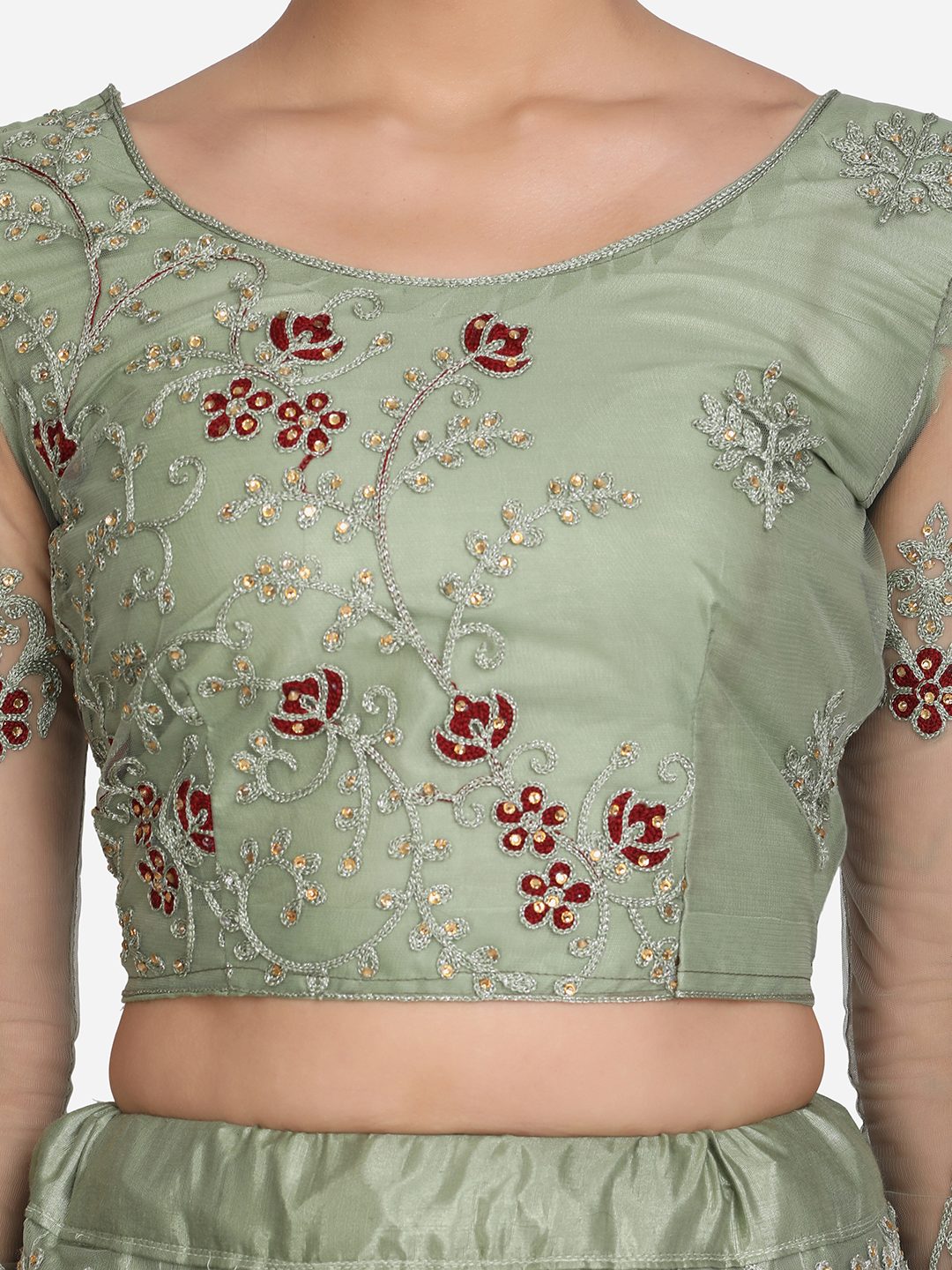 Pastel Sage Green Thread Embroidered Festive & Wedding Wear Semi-Stitched Net Lehenga Choli with Heavy Dupatta Work
