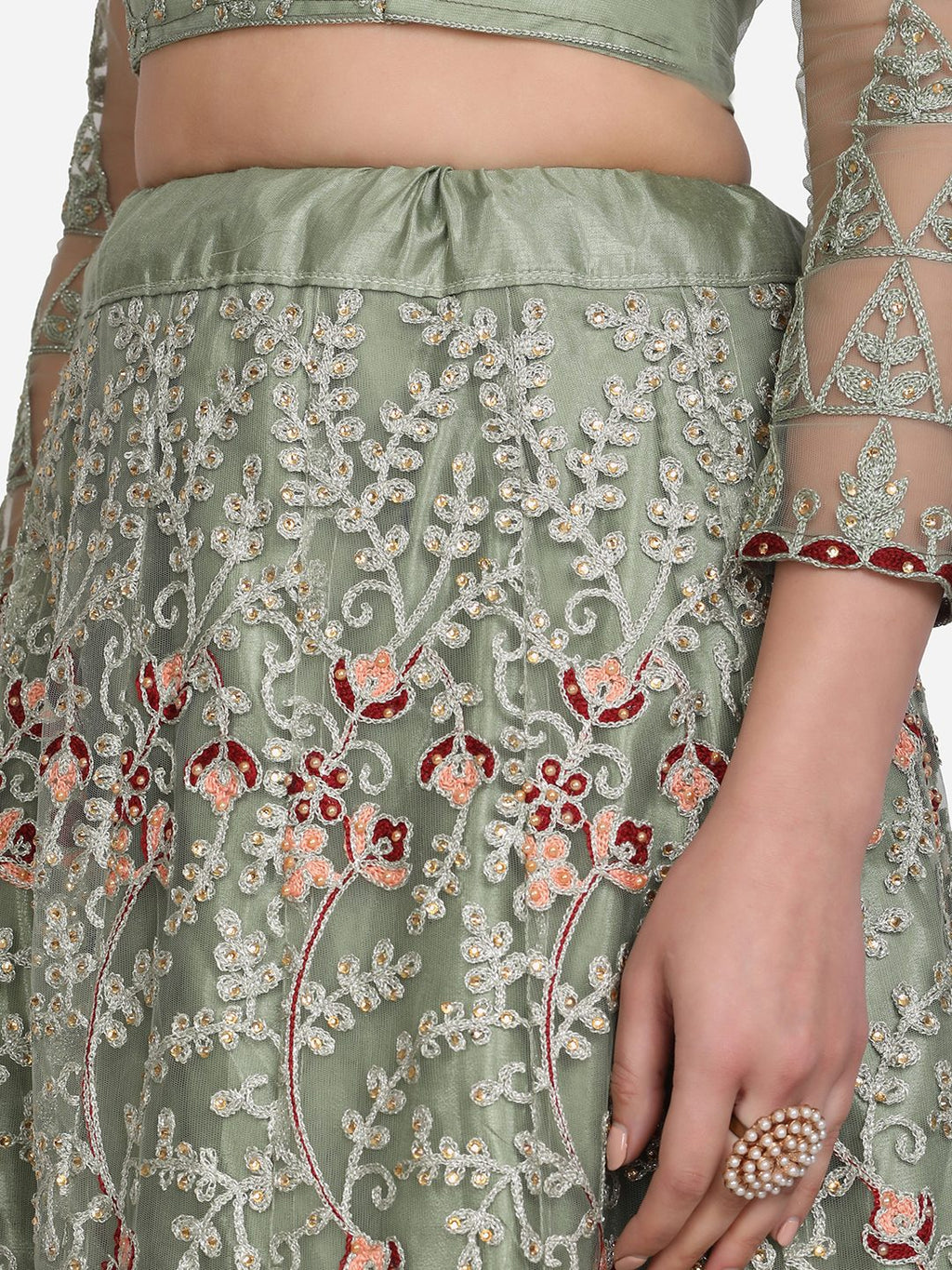 Pastel Sage Green Thread Embroidered Festive & Wedding Wear Semi-Stitched Net Lehenga Choli with Heavy Dupatta Work