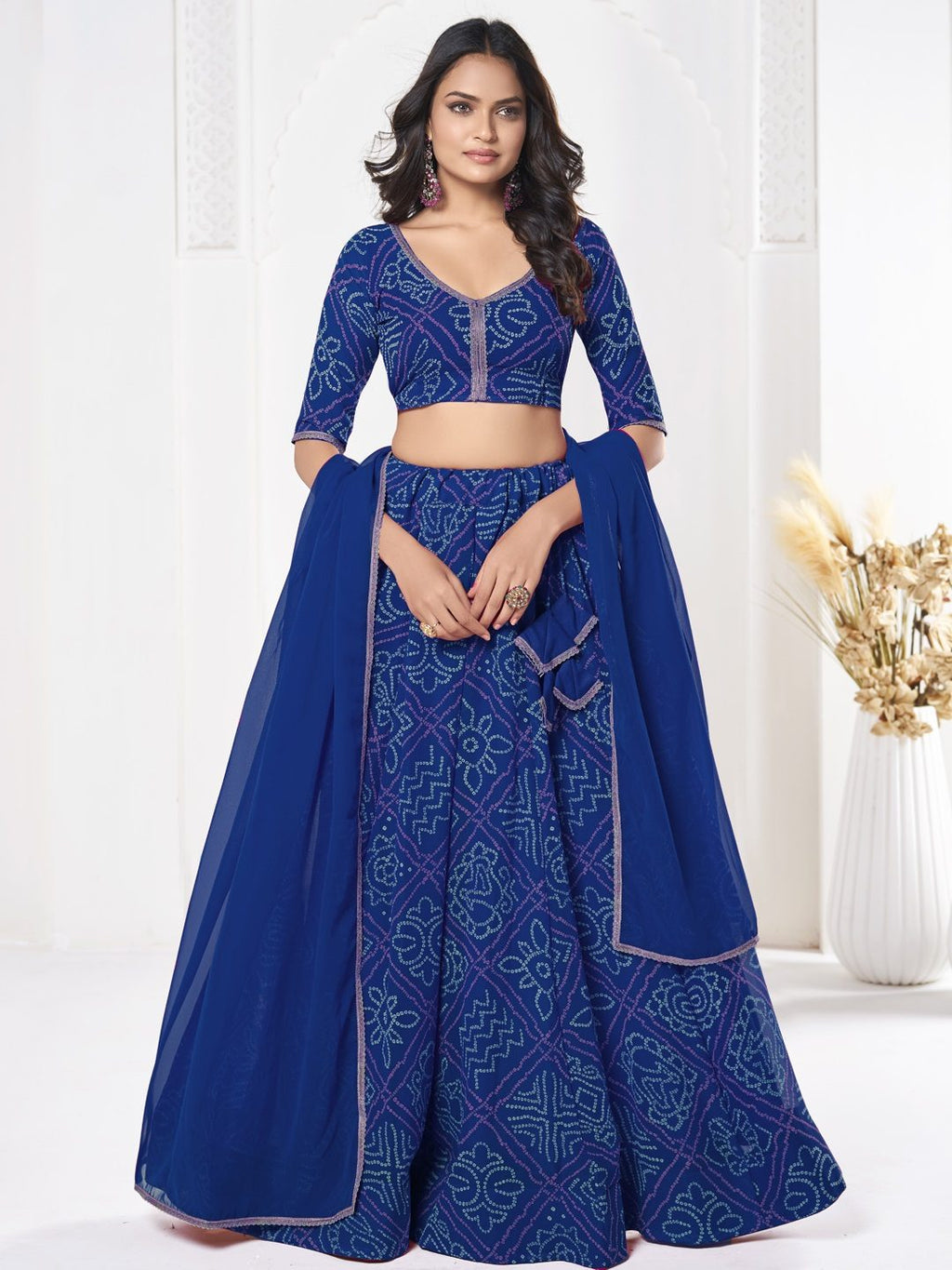 Royal Blue Printed Festive & Party Wear Semi-Stitched Georgette Lehenga Choli with Geometric Bandhani Work