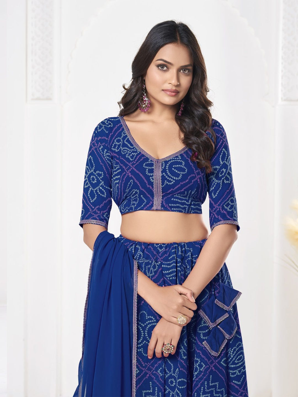 Royal Blue Printed Festive & Party Wear Semi-Stitched Georgette Lehenga Choli with Geometric Bandhani Work