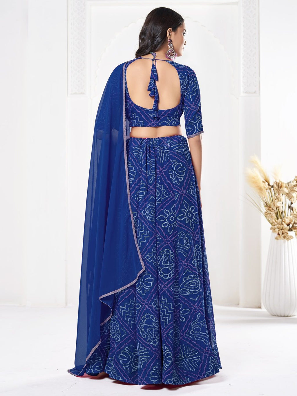 Royal Blue Printed Festive & Party Wear Semi-Stitched Georgette Lehenga Choli with Geometric Bandhani Work