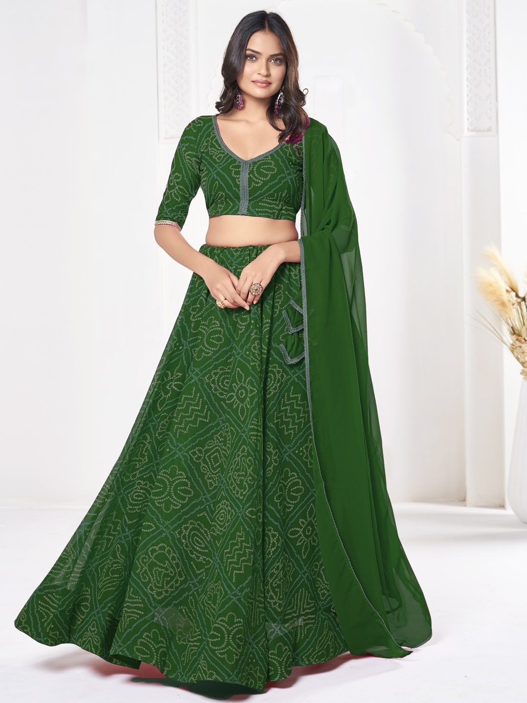 Royal Green Printed Festive & Party Wear Semi-Stitched Georgette Lehenga Choli with Geometric Bandhani Work