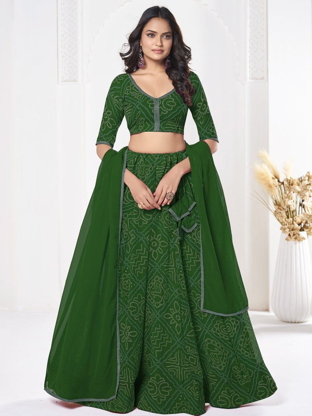 Royal Green Printed Festive & Party Wear Semi-Stitched Georgette Lehenga Choli with Geometric Bandhani Work