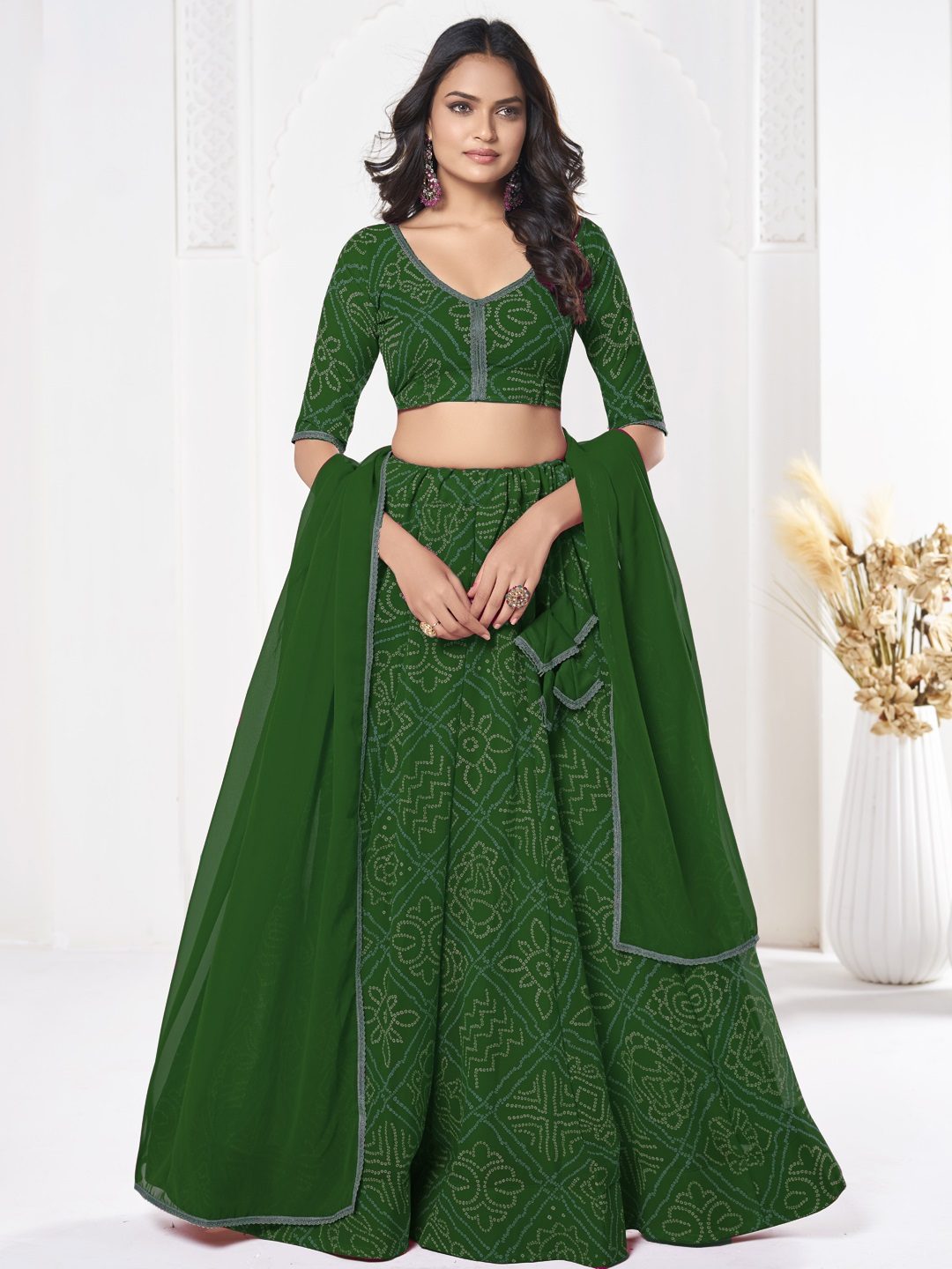 Royal Green Printed Festive & Party Wear Semi-Stitched Georgette Lehenga Choli with Geometric Bandhani Work