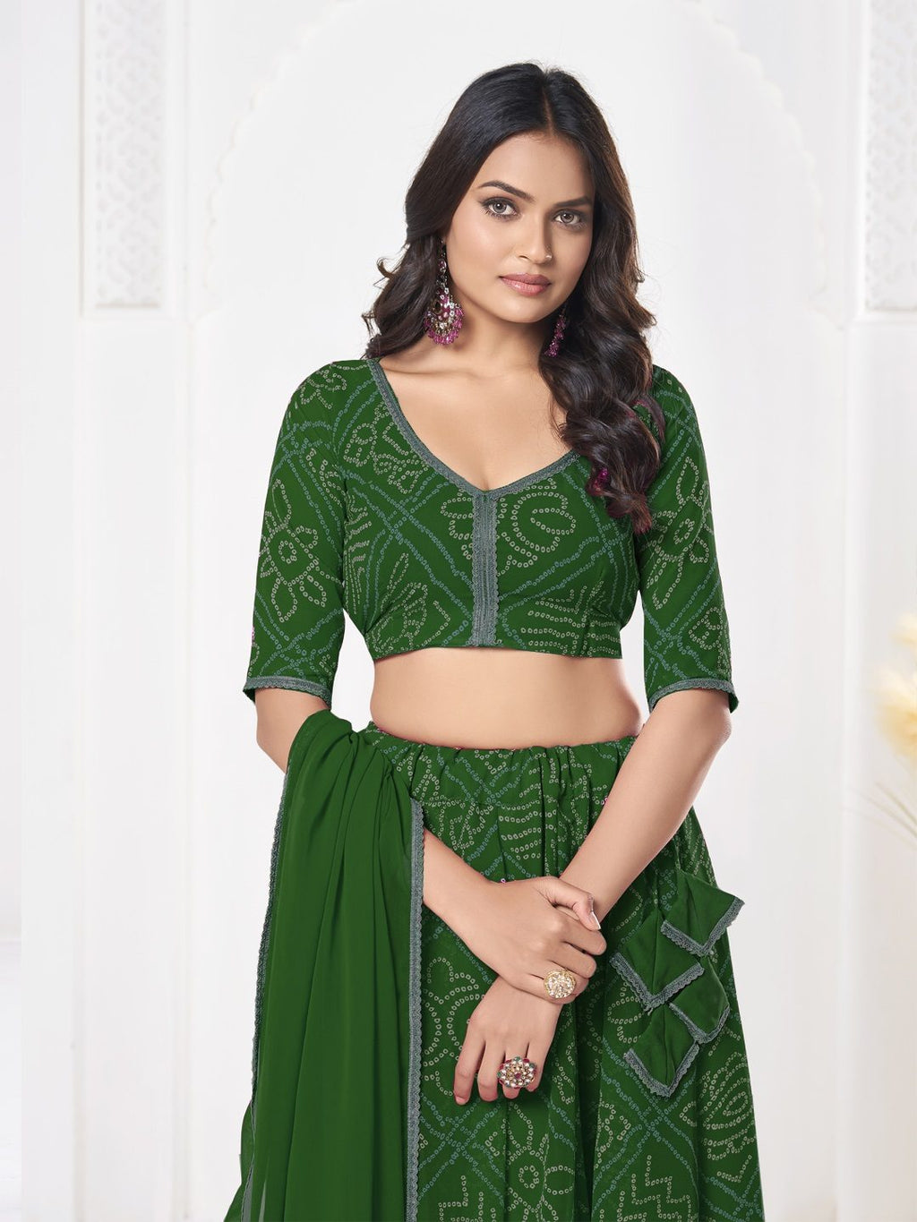 Royal Green Printed Festive & Party Wear Semi-Stitched Georgette Lehenga Choli with Geometric Bandhani Work