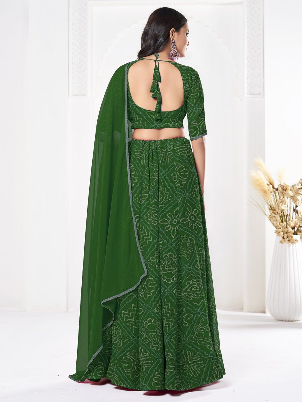 Royal Green Printed Festive & Party Wear Semi-Stitched Georgette Lehenga Choli with Geometric Bandhani Work