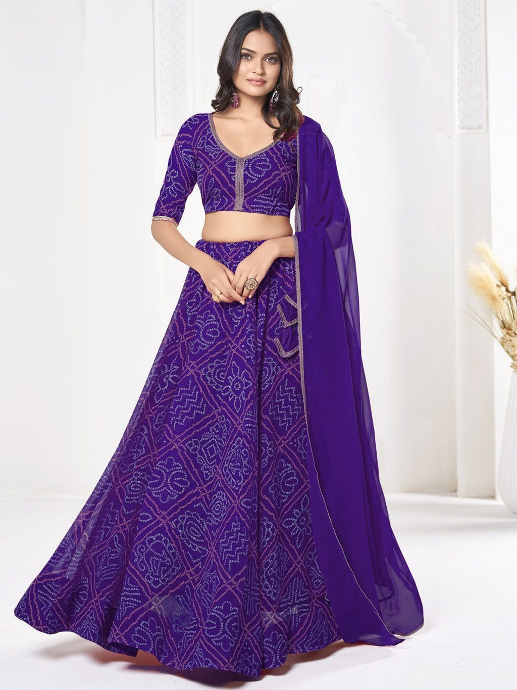 Royal Purple Printed Festive & Party Wear Semi-Stitched Georgette Lehenga Choli with Geometric Bandhani Work