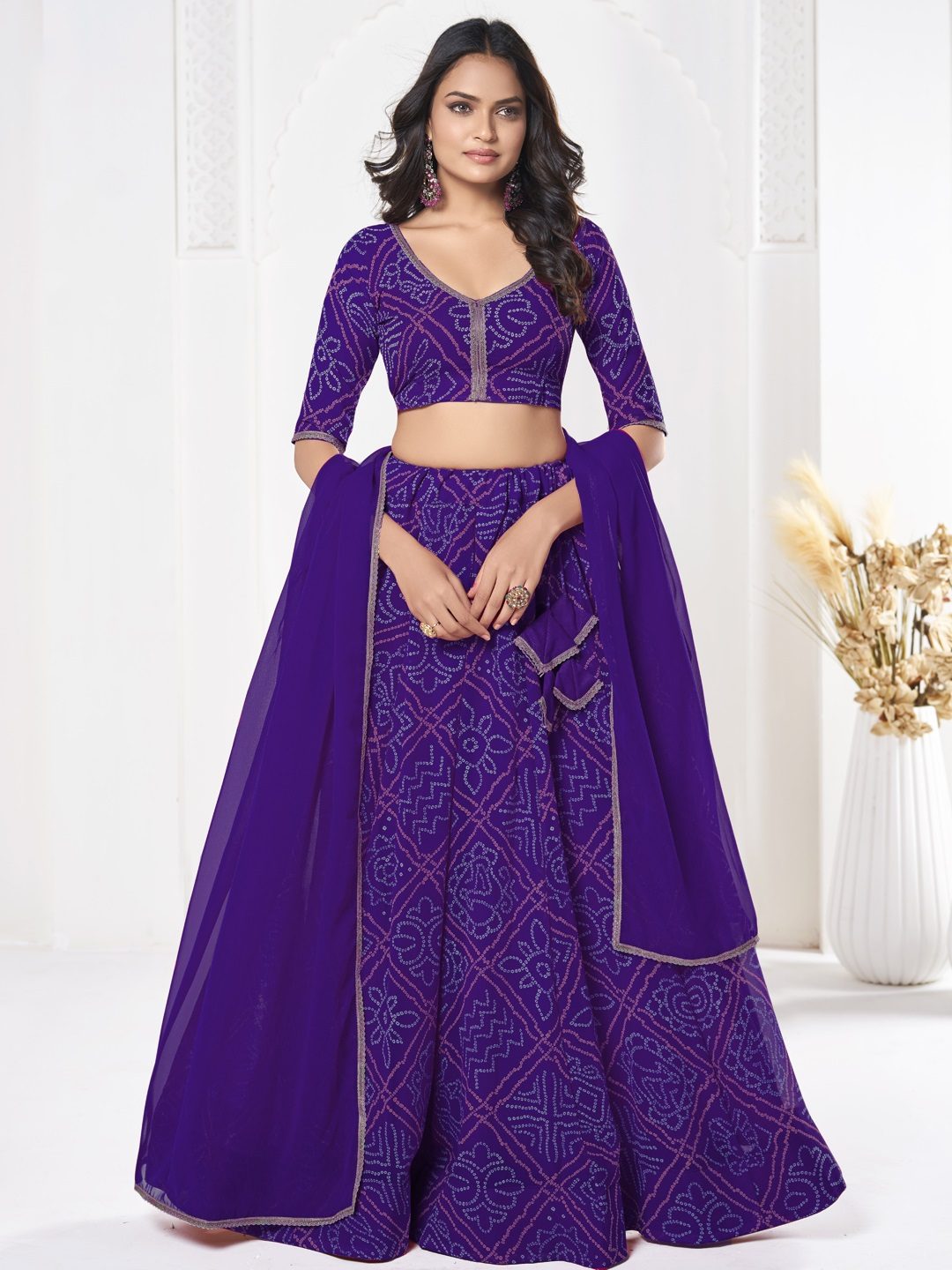 Royal Purple Printed Festive & Party Wear Semi-Stitched Georgette Lehenga Choli with Geometric Bandhani Work