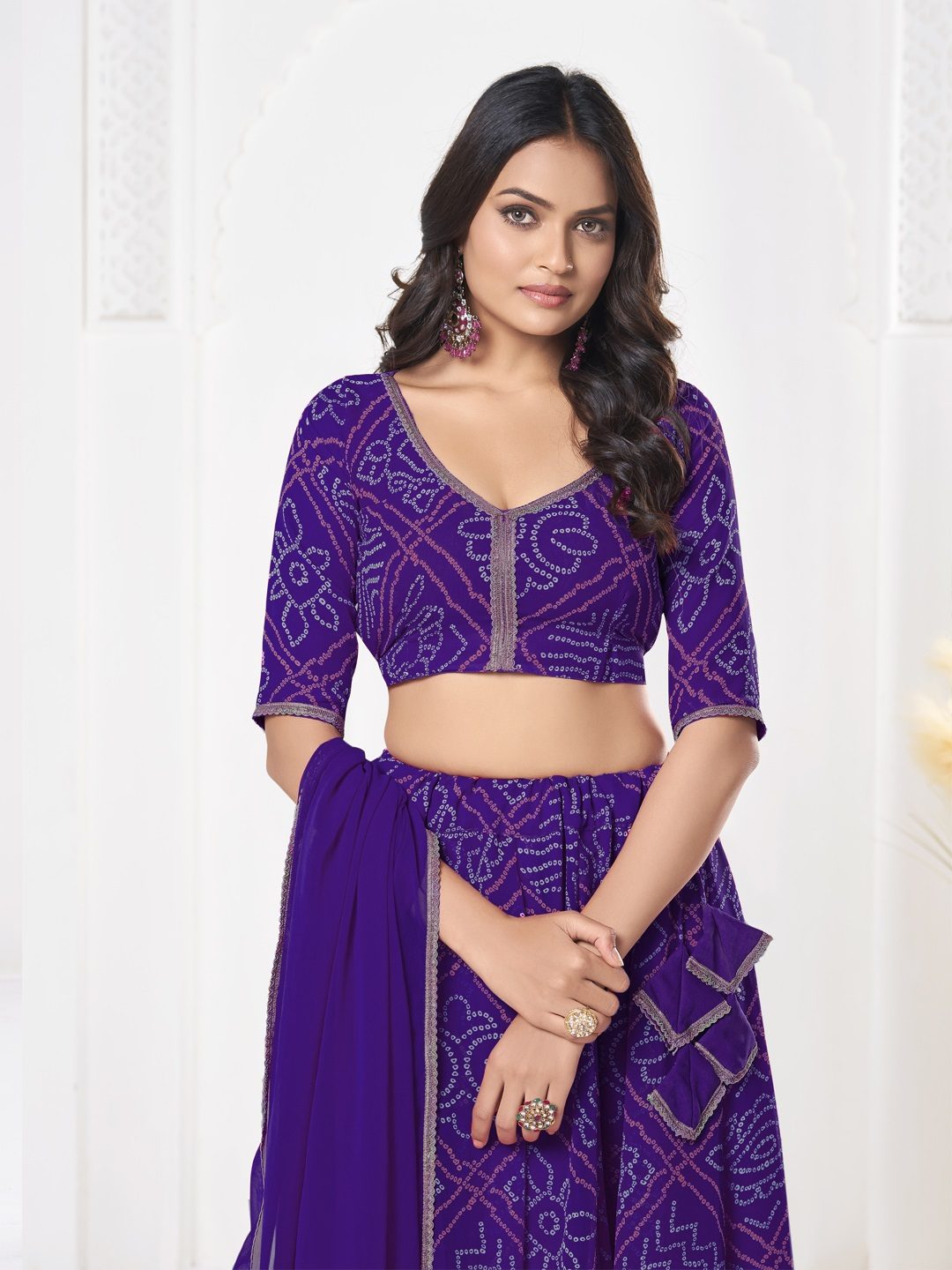 Royal Purple Printed Festive & Party Wear Semi-Stitched Georgette Lehenga Choli with Geometric Bandhani Work