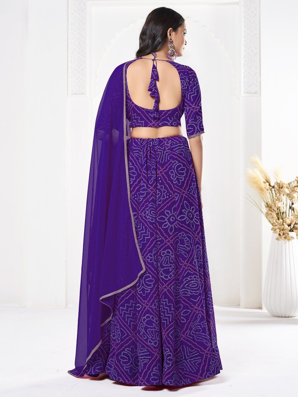 Royal Purple Printed Festive & Party Wear Semi-Stitched Georgette Lehenga Choli with Geometric Bandhani Work