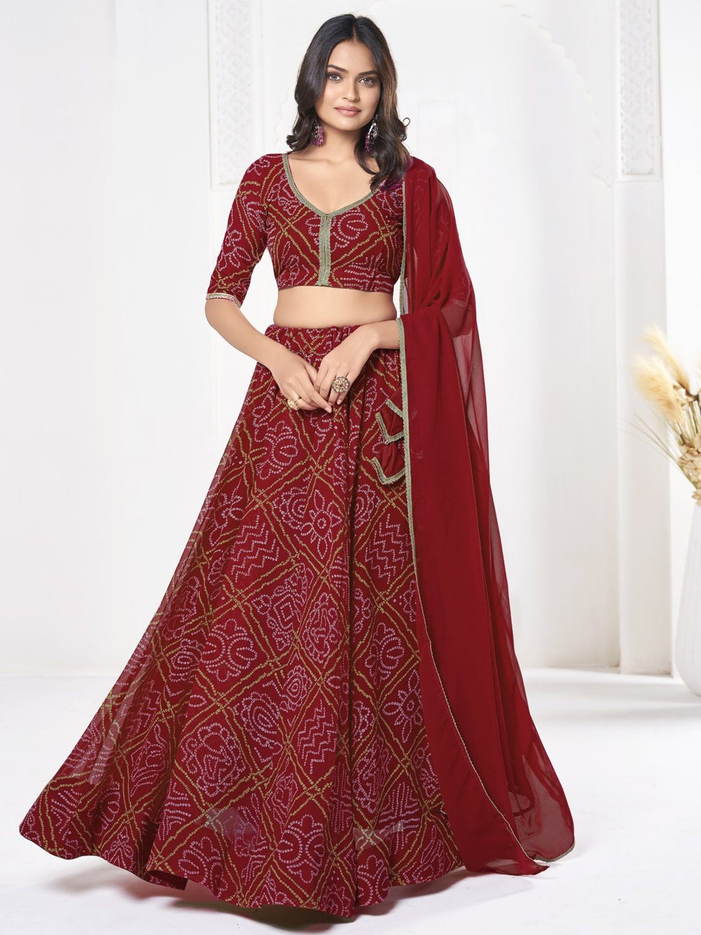Royal Red Printed Festive & Party Wear Semi-Stitched Georgette Lehenga Choli with Geometric Bandhani Work