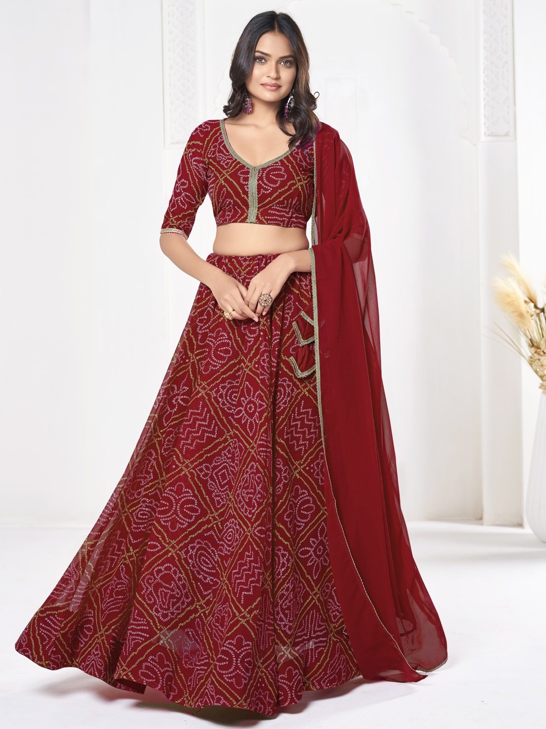 Royal Red Printed Festive & Party Wear Semi-Stitched Georgette Lehenga Choli with Geometric Bandhani Work