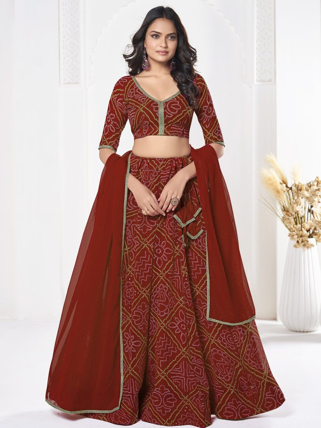Royal Red Printed Festive & Party Wear Semi-Stitched Georgette Lehenga Choli with Geometric Bandhani Work