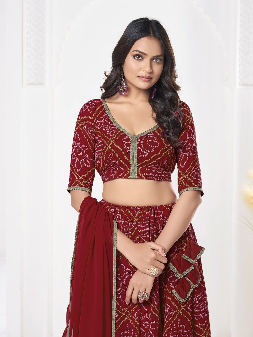 Royal Red Printed Festive & Party Wear Semi-Stitched Georgette Lehenga Choli with Geometric Bandhani Work