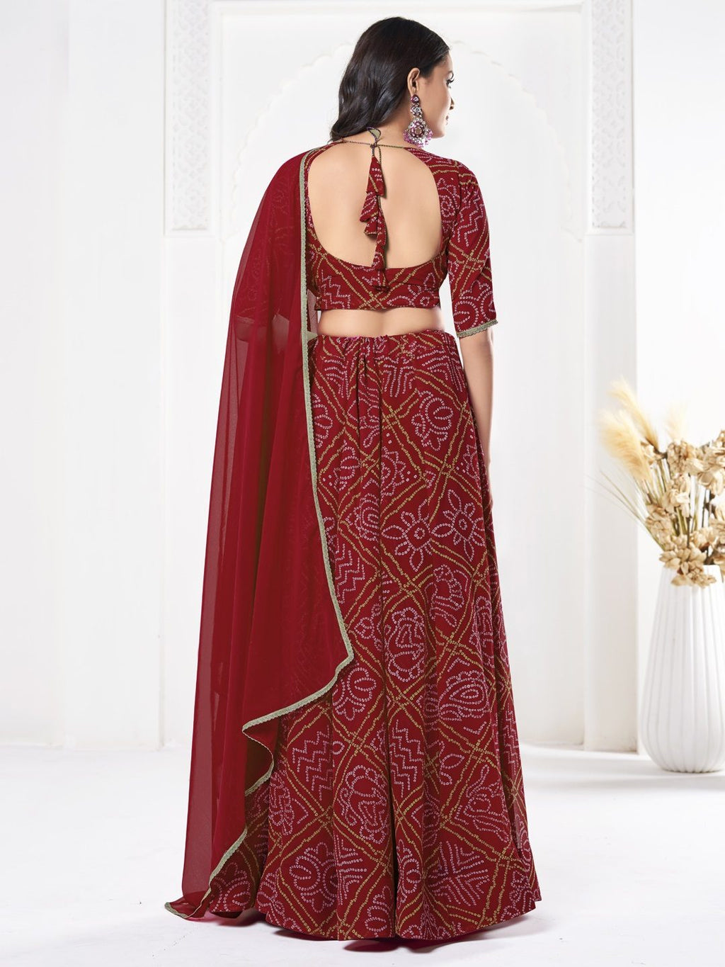Royal Red Printed Festive & Party Wear Semi-Stitched Georgette Lehenga Choli with Geometric Bandhani Work