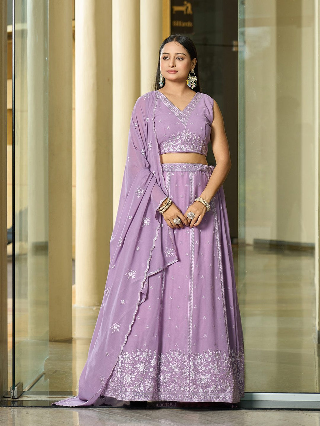 Lavender Floral Embroidered Semi-Stitched Wedding Wear Georgette Lehenga Choli with Thread Work