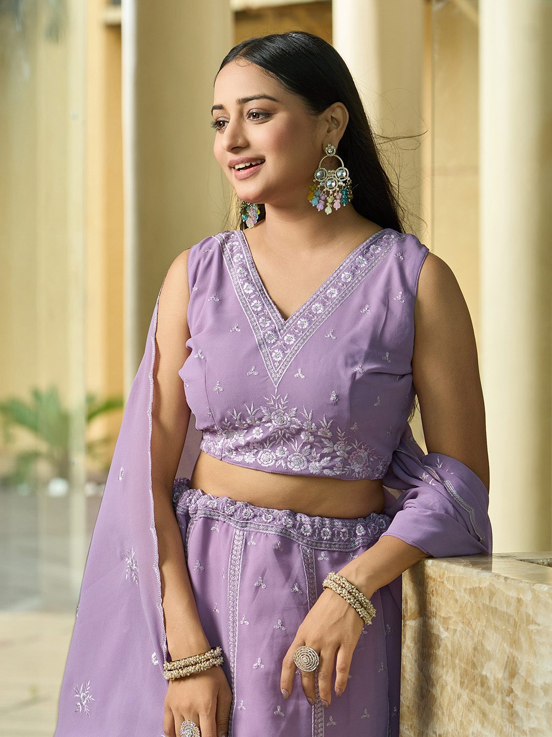 Lavender Floral Embroidered Semi-Stitched Wedding Wear Georgette Lehenga Choli with Thread Work