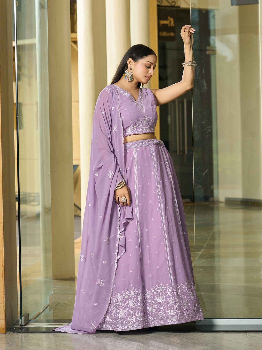 Lavender Floral Embroidered Semi-Stitched Wedding Wear Georgette Lehenga Choli with Thread Work