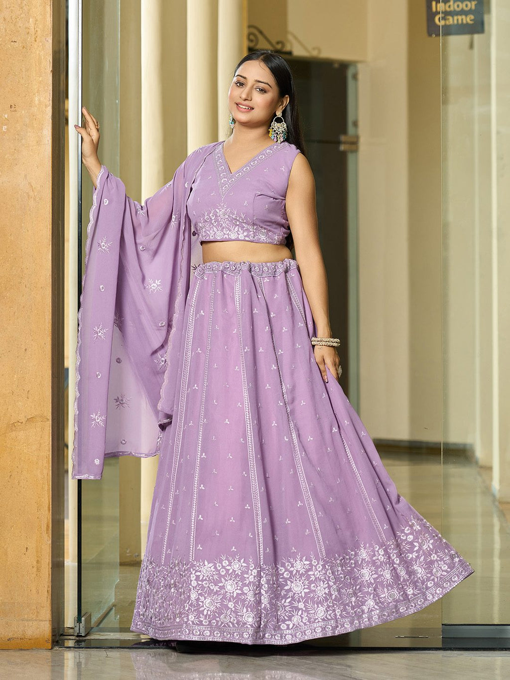 Lavender Floral Embroidered Semi-Stitched Wedding Wear Georgette Lehenga Choli with Thread Work