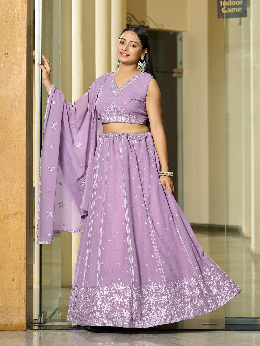 Lavender Floral Embroidered Semi-Stitched Wedding Wear Georgette Lehenga Choli with Thread Work