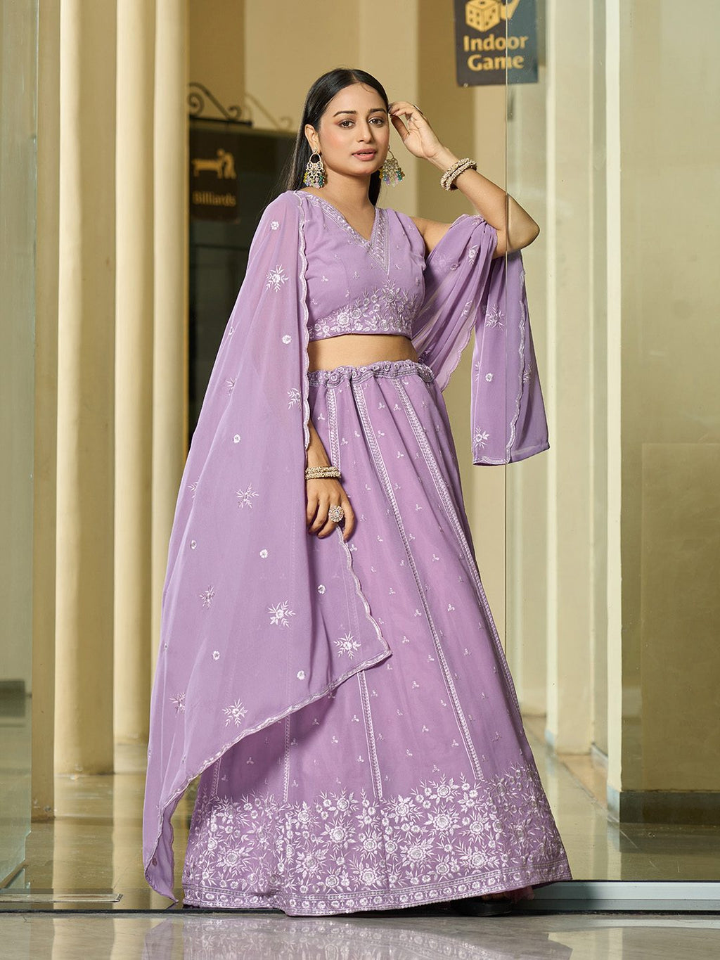 Lavender Floral Embroidered Semi-Stitched Wedding Wear Georgette Lehenga Choli with Thread Work