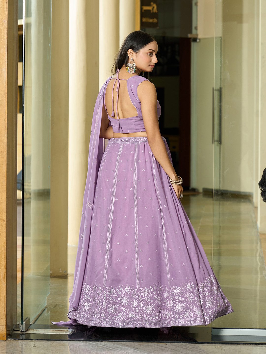 Lavender Floral Embroidered Semi-Stitched Wedding Wear Georgette Lehenga Choli with Thread Work