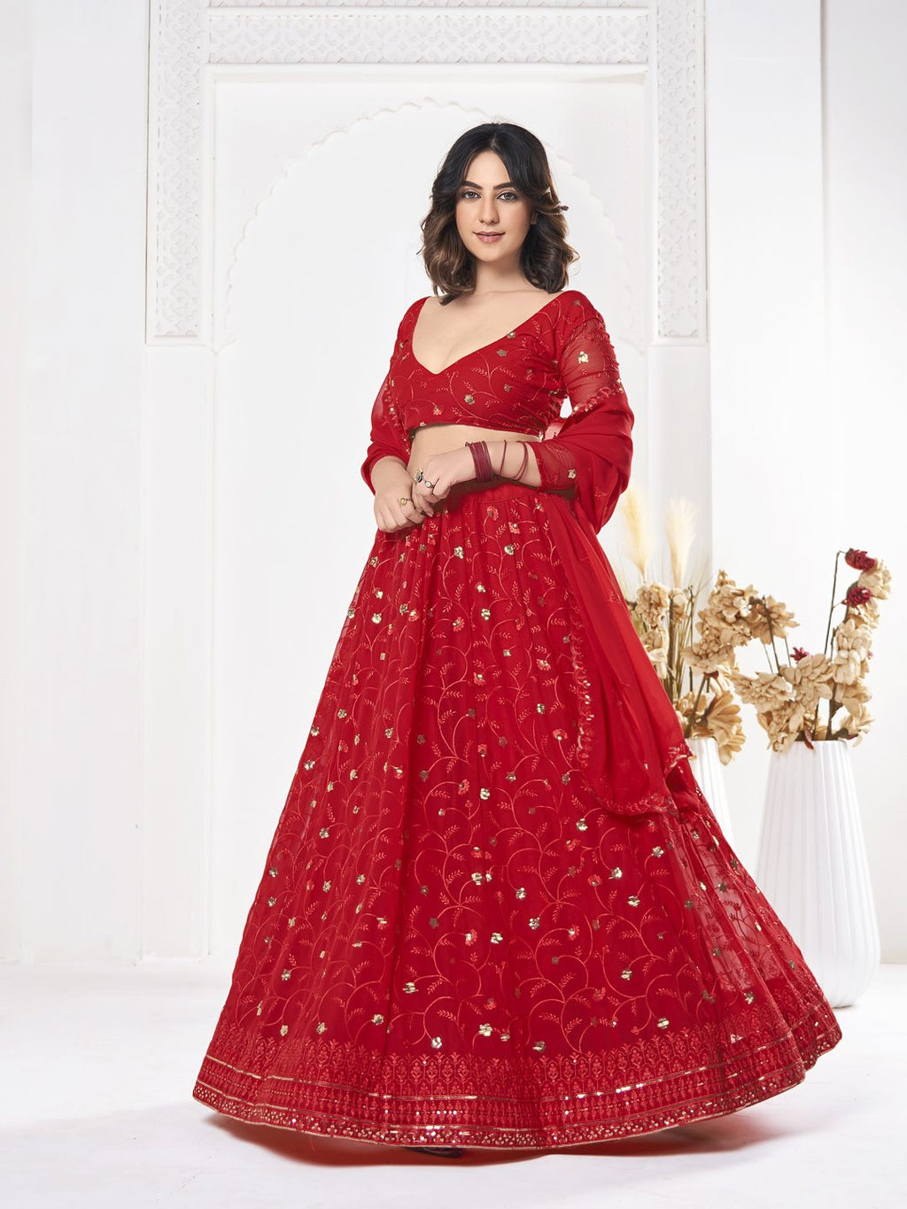 Red Floral Embroidered Wedding & Festive Wear Semi-Stitched Georgette Lehenga Choli with Sequin Work