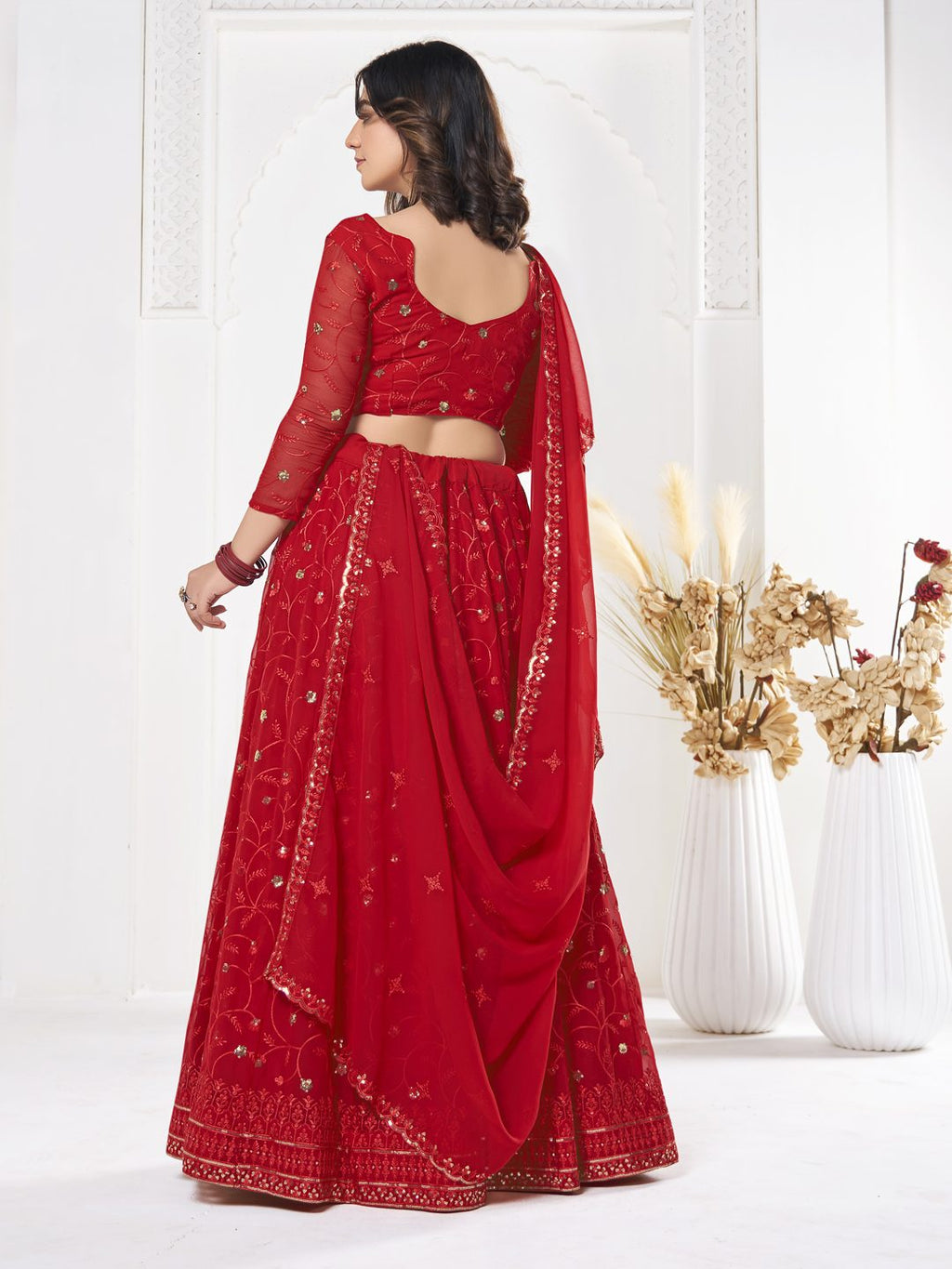 Red Floral Embroidered Wedding & Festive Wear Semi-Stitched Georgette Lehenga Choli with Sequin Work