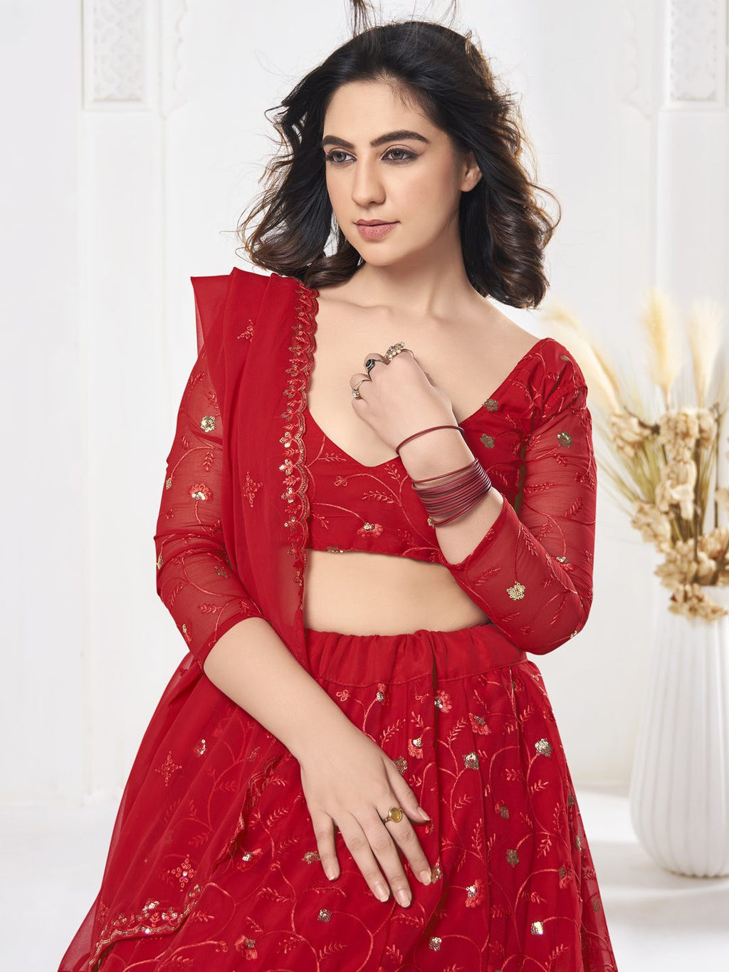 Red Floral Embroidered Wedding & Festive Wear Semi-Stitched Georgette Lehenga Choli with Sequin Work